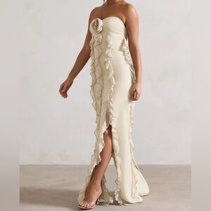 Club L London Gardenia Champagne Strapless Ruffle Maxi Dress Cream Elegant Sz 12